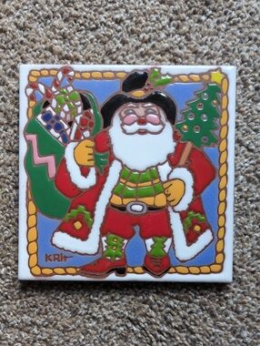 1999 Earthtones Western Cowboy Santa Ceramic Tile Trivet